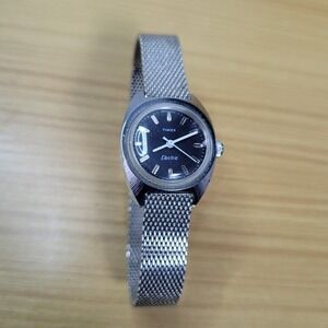 Vintage Timex Electric Watch Women Silver Tone Black Dial Mesh Adjustable Band